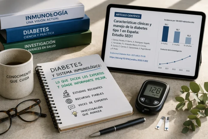 Imagen editorial sobre diabetes y sistema inmunológico con glucómetro, notas y artículos científicos que representan la investigación y fuentes fiables sobre la enfermedad