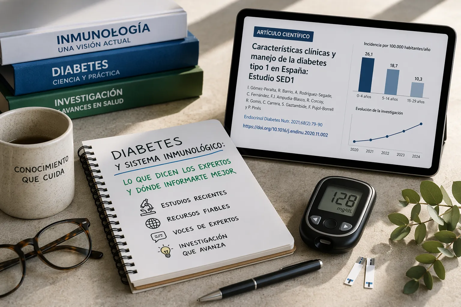 Imagen editorial sobre diabetes y sistema inmunológico con glucómetro, notas y artículos científicos que representan la investigación y fuentes fiables sobre la enfermedad