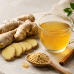 El jengibre y la diabetes: propiedades, beneficios Bodegón de infusión de jengibre con raíz fresca, jengibre en polvo y canela sobre superficie de mármol claro.