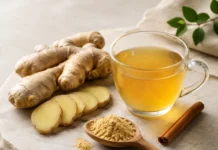 El jengibre y la diabetes: propiedades, beneficios Bodegón de infusión de jengibre con raíz fresca, jengibre en polvo y canela sobre superficie de mármol claro.
