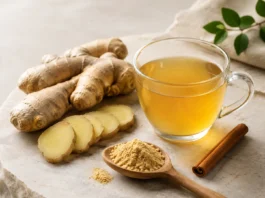El jengibre y la diabetes: propiedades, beneficios Bodegón de infusión de jengibre con raíz fresca, jengibre en polvo y canela sobre superficie de mármol claro.