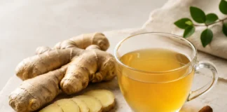 Bodegón de infusión de jengibre con raíz fresca, jengibre en polvo y canela sobre superficie de mármol claro.