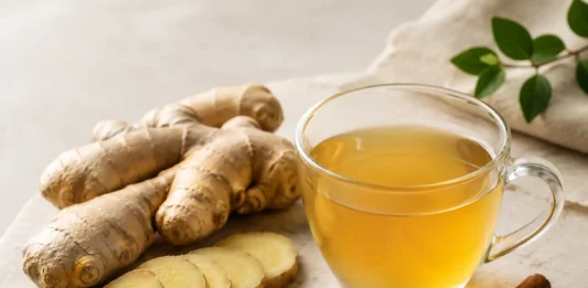 El jengibre y la diabetes: propiedades, beneficios Bodegón de infusión de jengibre con raíz fresca, jengibre en polvo y canela sobre superficie de mármol claro.
