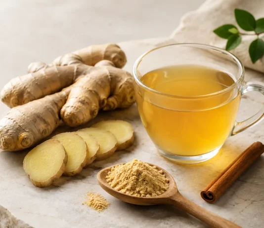 Bodegón de infusión de jengibre con raíz fresca, jengibre en polvo y canela sobre superficie de mármol claro.