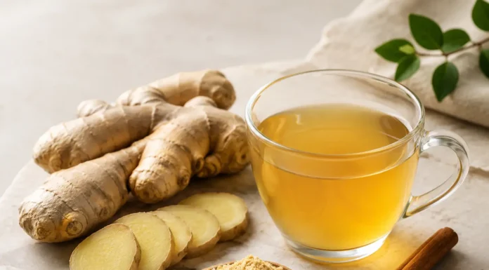 El jengibre y la diabetes: propiedades, beneficios Bodegón de infusión de jengibre con raíz fresca, jengibre en polvo y canela sobre superficie de mármol claro.