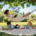 Madre leyendo en una hamaca mientras sus hijos disfrutan de la lectura y la música bajo los árboles durante las vacaciones de verano.