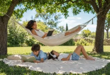 Madre leyendo en una hamaca mientras sus hijos disfrutan de la lectura y la música bajo los árboles durante las vacaciones de verano.