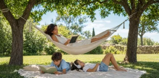 Madre leyendo en una hamaca mientras sus hijos disfrutan de la lectura y la música bajo los árboles durante las vacaciones de verano.
