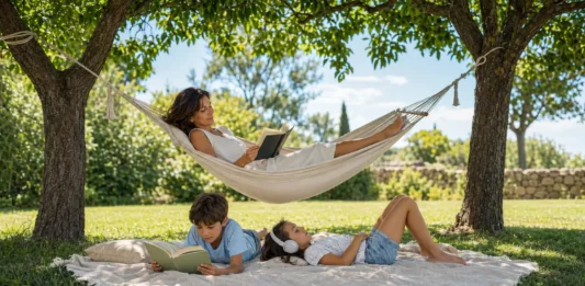 Una maleta de verano: lecturas, recetas y música para desconectar Madre leyendo en una hamaca mientras sus hijos disfrutan de la lectura y la música bajo los árboles durante las vacaciones de verano.