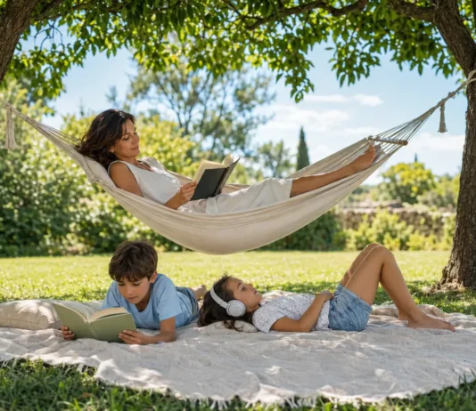 Madre leyendo en una hamaca mientras sus hijos disfrutan de la lectura y la música bajo los árboles durante las vacaciones de verano.