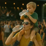 Madre con su hijo a hombros disfrutan en un festival de música, están bebiendo agua