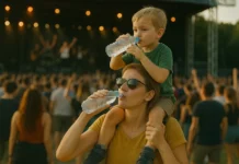 Madre con su hijo a hombros disfrutan en un festival de música, están bebiendo agua