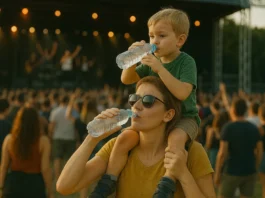 Madre con su hijo a hombros disfrutan en un festival de música, están bebiendo agua