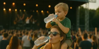 Madre con su hijo a hombros disfrutan en un festival de música, están bebiendo agua