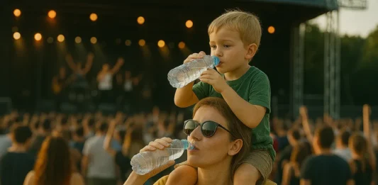Madre con su hijo a hombros disfrutan en un festival de música, están bebiendo agua