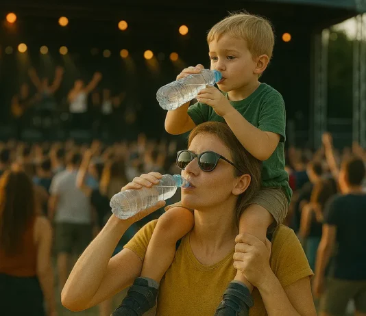 Madre con su hijo a hombros disfrutan en un festival de música, están bebiendo agua
