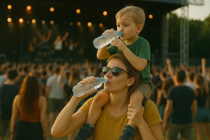 madre- hijo-bebiendo-agua-festival ok Madre con su hijo a hombros disfrutan en un festival de música, están bebiendo agua