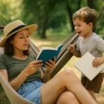 Madre con su hijo disfrutando de la lectura, ella está en una hamaca