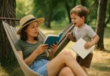 Madre con su hijo disfrutando de la lectura, ella está en una hamaca