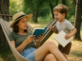 Madre con su hijo disfrutando de la lectura, ella está en una hamaca