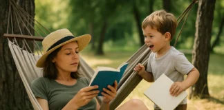Madre con su hijo disfrutando de la lectura, ella está en una hamaca