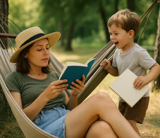 Madre con su hijo disfrutando de la lectura, ella está en una hamaca
