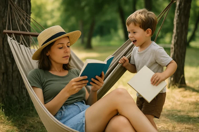 madre- hijo-disfutan-libros Madre con su hijo disfrutando de la lectura, ella está en una hamaca