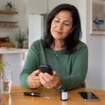 Coma diabético: qué es, por qué ocurre y cómo prevenirlo Mujer de mediana edad consulta un medidor de glucosa en casa durante su rutina diaria de autocontrol de la diabetes.