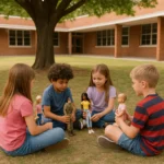 niños y niñas jugando en el patio del colegio, con muñecas y madelman.