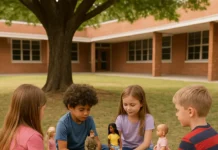 niños y niñas jugando en el patio del colegio, con muñecas y madelman.