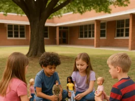 niños y niñas jugando en el patio del colegio, con muñecas y madelman.