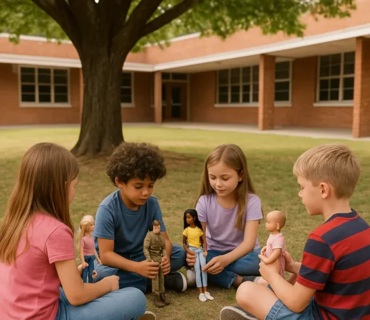 niños y niñas jugando en el patio del colegio, con muñecas y madelman.