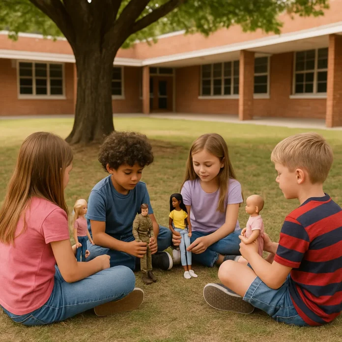 niños y niñas jugando en el patio del colegio, con muñecas y madelman.