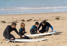 Niños con instructor en la arena, preparándose para hacer surf