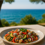 Plato berberechos y verduras servidos en mesa al aire libre, al fondo el mar
