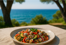 Plato berberechos y verduras servidos en mesa al aire libre, al fondo el mar