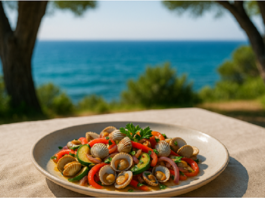 Plato berberechos y verduras servidos en mesa al aire libre, al fondo el mar