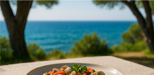 Plato berberechos y verduras servidos en mesa al aire libre, al fondo el mar