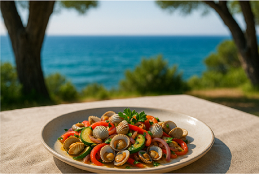 Plato berberechos y verduras servidos en mesa al aire libre, al fondo el mar