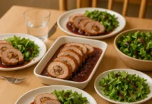 mesa servida con un menú exquisito de solomillo de cerdo relleno de castañas al vino tinto.