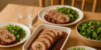 mesa servida con un menú exquisito de solomillo de cerdo relleno de castañas al vino tinto.