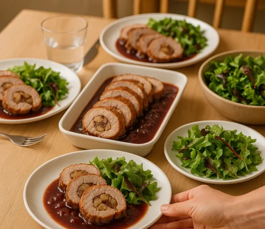 Solomillo de cerdo relleno de castañas con cebolla al vino tinto mesa servida con un menú exquisito de solomillo de cerdo relleno de castañas al vino tinto.