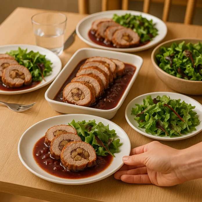 mesa servida con un menú exquisito de solomillo de cerdo relleno de castañas al vino tinto.