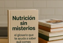 Libros de cocina apilados, y destaca uno en vertical con el título "Nutrición sin misterios" El glosario que te ayuda a saber lo que comes.