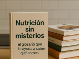 Libros de cocina apilados, y destaca uno en vertical con el título "Nutrición sin misterios" El glosario que te ayuda a saber lo que comes.