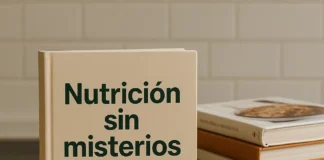 Libros de cocina apilados, y destaca uno en vertical con el título "Nutrición sin misterios" El glosario que te ayuda a saber lo que comes.