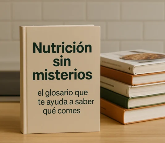 Qué estoy comiendo realmente: glosario claro para entender tus alimentos Libros de cocina apilados, y destaca uno en vertical con el título "Nutrición sin misterios" El glosario que te ayuda a saber lo que comes.