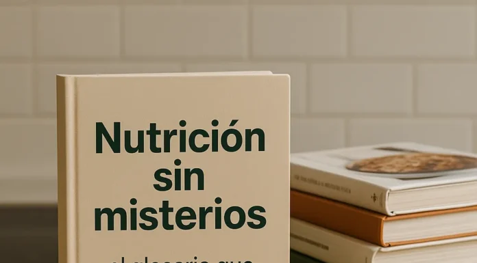 Libros de cocina apilados, y destaca uno en vertical con el título "Nutrición sin misterios" El glosario que te ayuda a saber lo que comes.