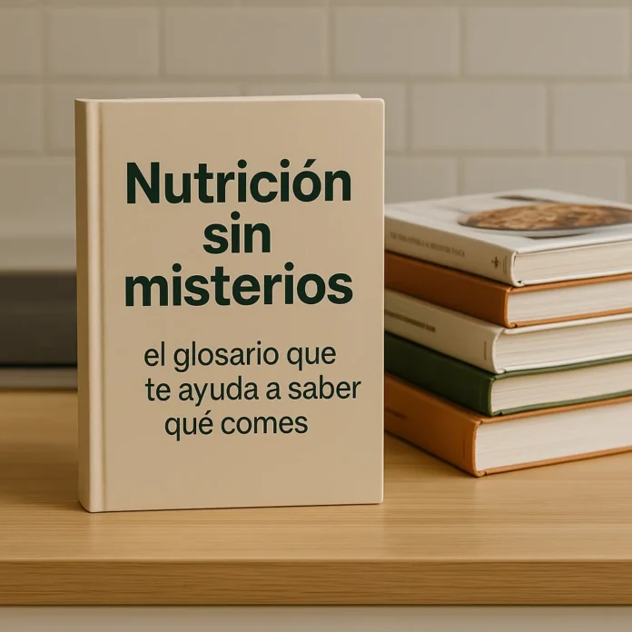 Libros de cocina apilados, y destaca uno en vertical con el título 