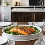 Mesa elegante servida para dos en una cocina luminosa, con platos vacíos y una fuente central con salmón al horno recién preparado listo para compartir.